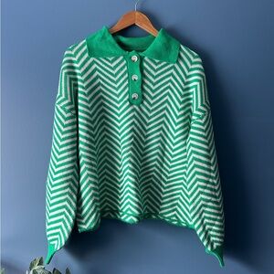 Green and White Chevron Polo Knit Sweater